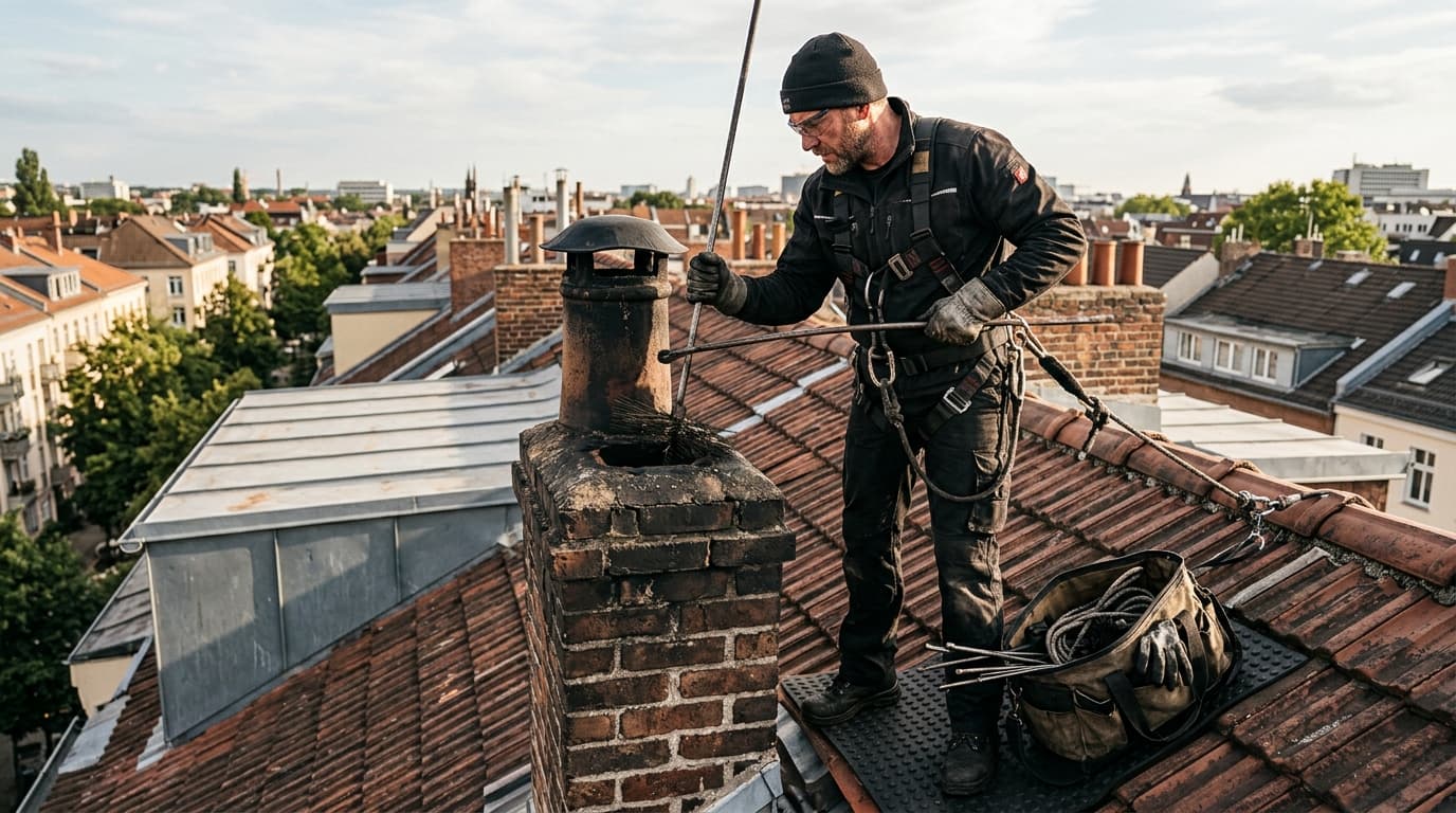 Professional chimney sweep at work