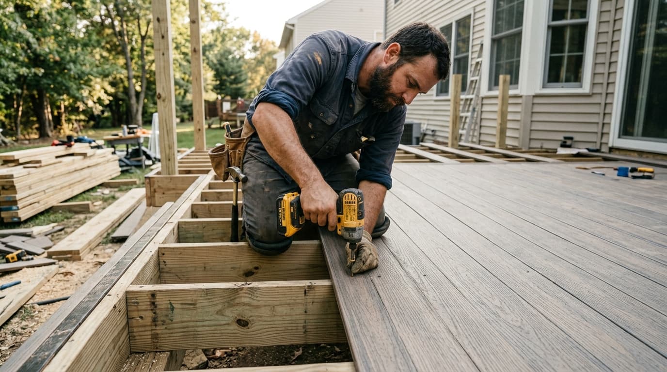 Professional deck builder at work