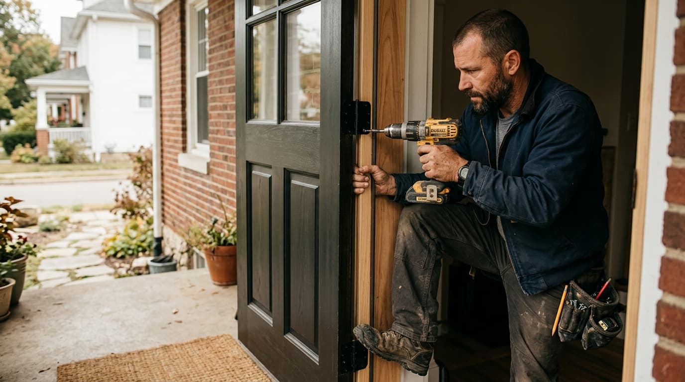 Professional door installer at work
