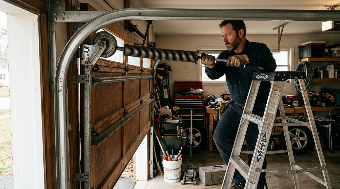 Professional garage door repair specialist at work