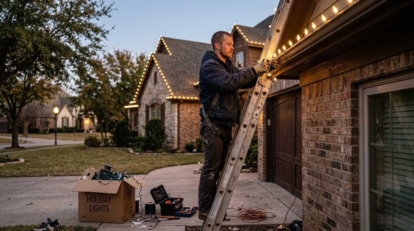 Professional holiday lighting installer at work