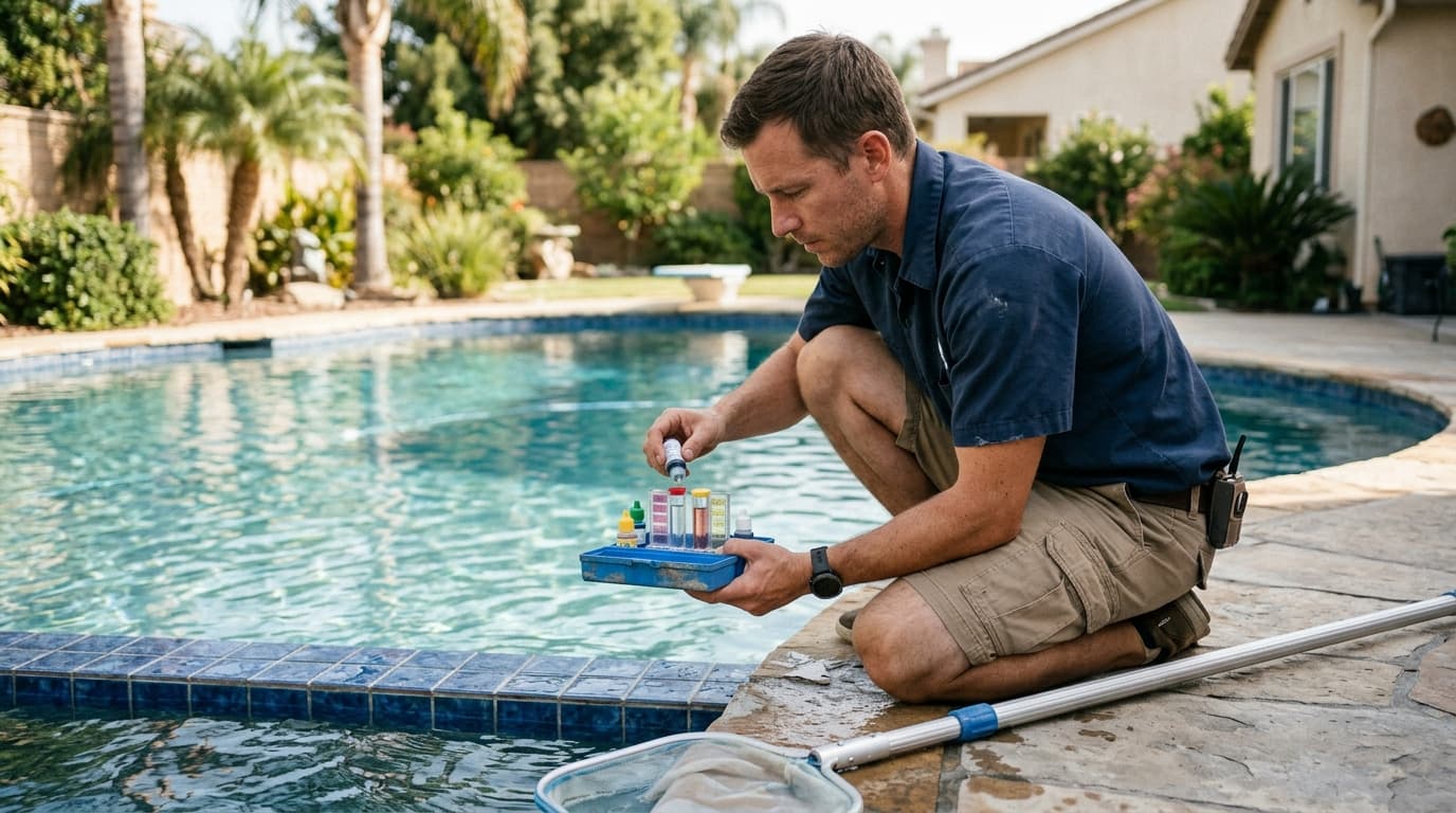 Professional pool service technician at work