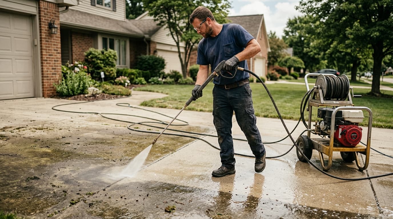 Professional pressure washing specialist at work
