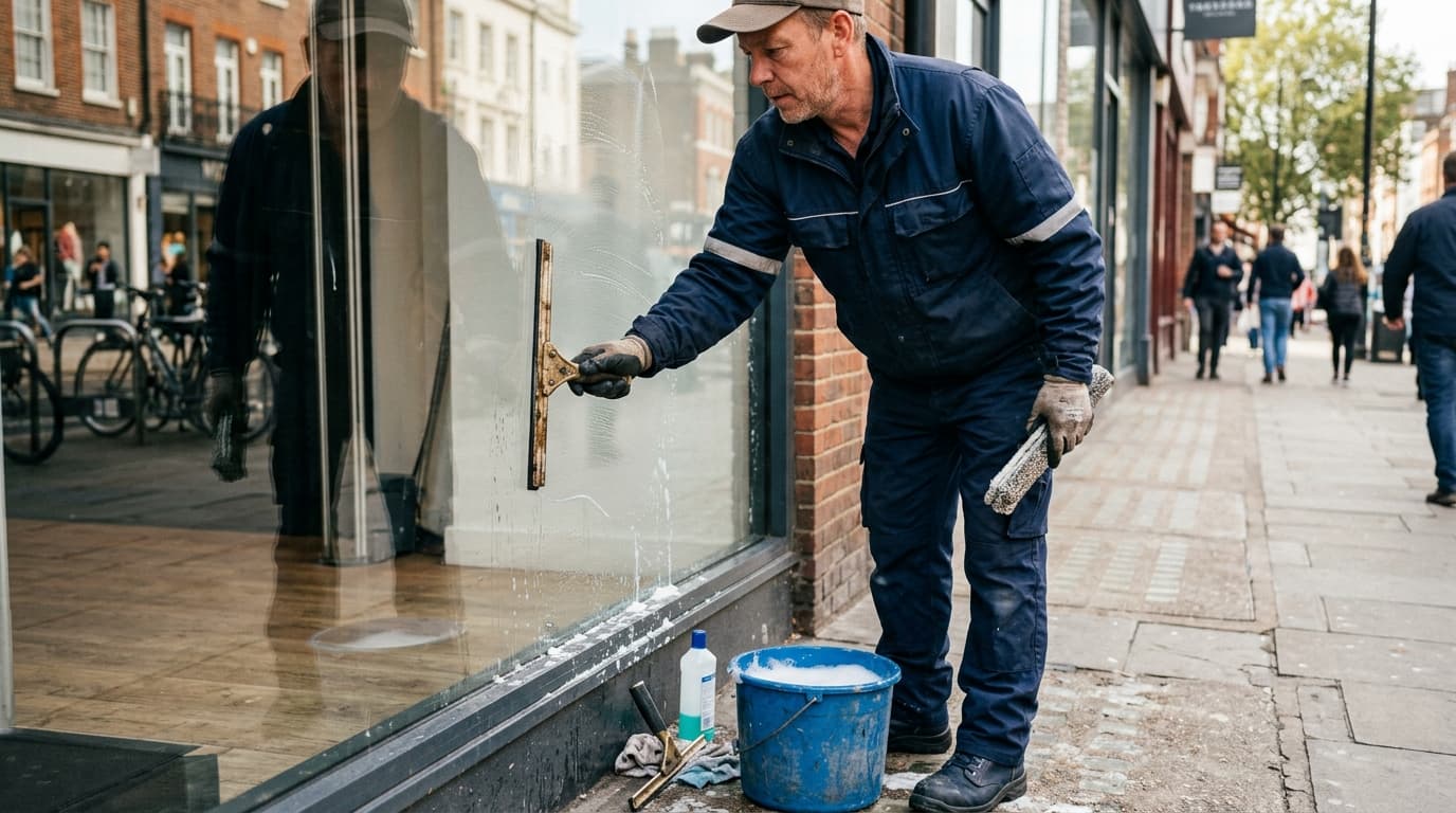 Professional window cleaner at work