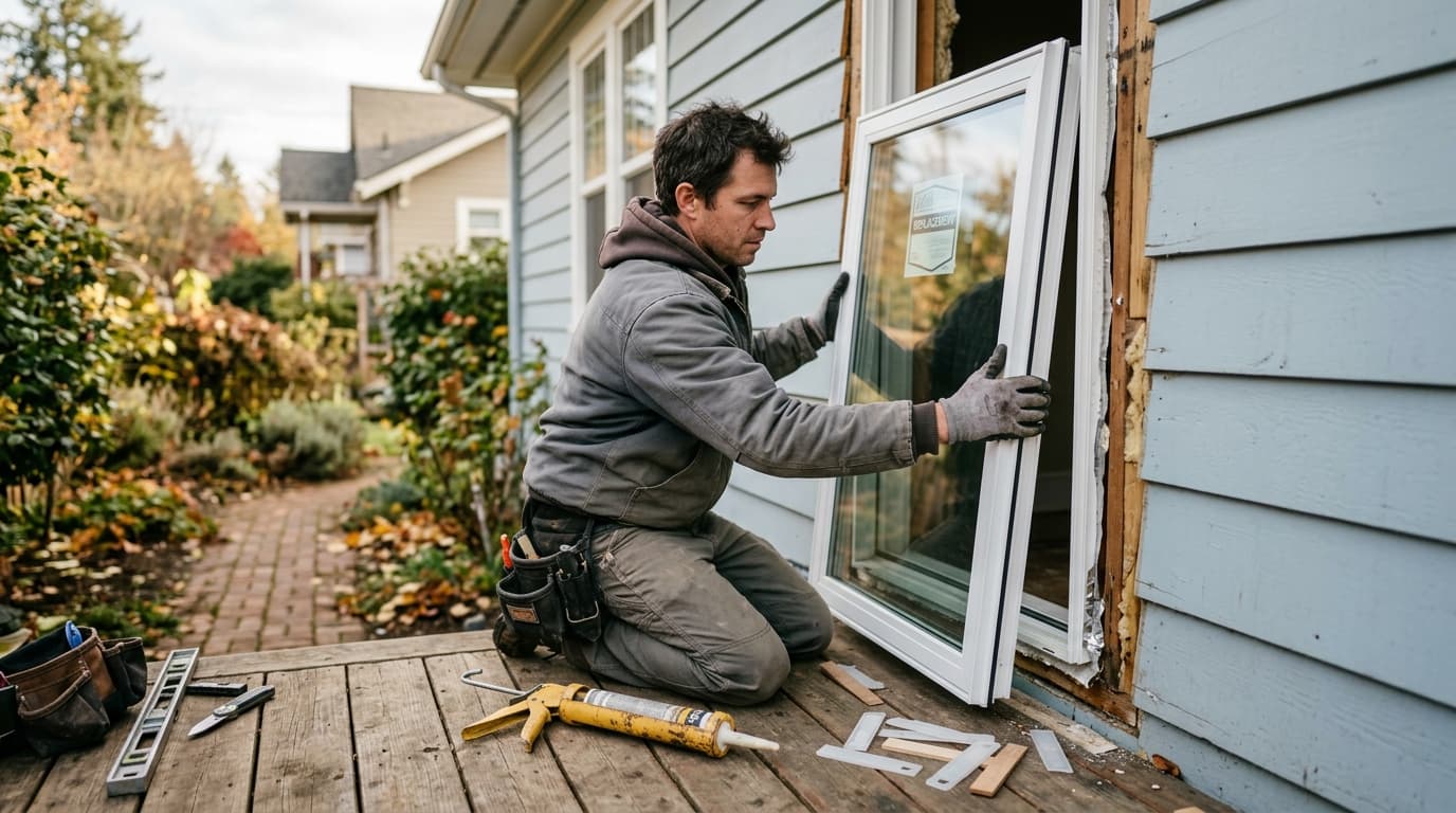 Professional window installer at work