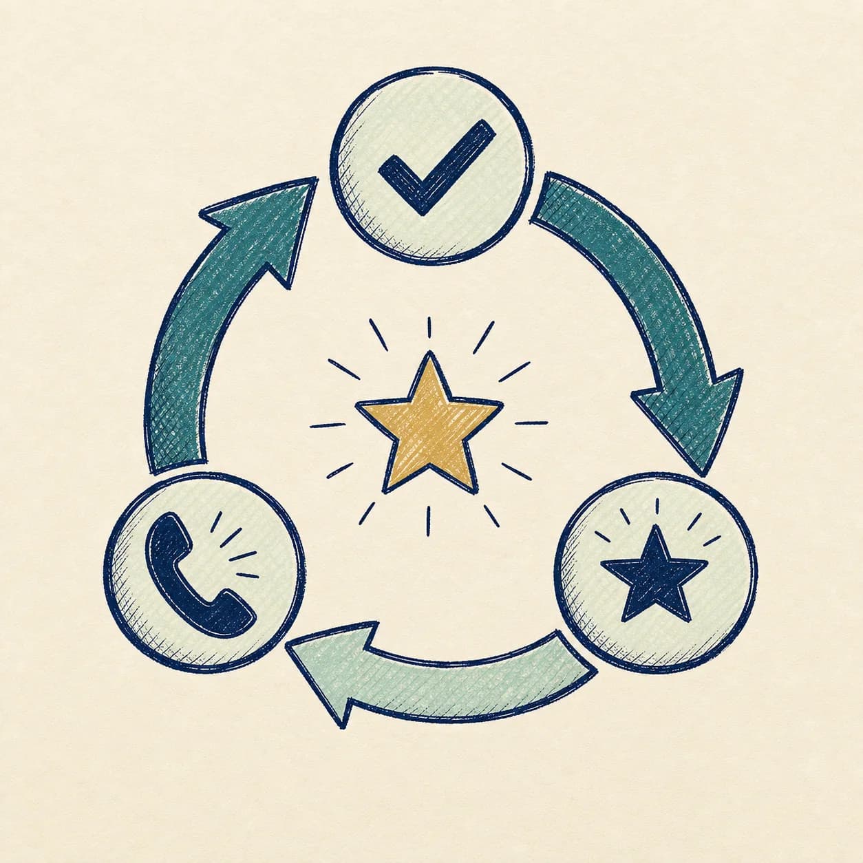 A hand-drawn review flywheel showing jobs, reviews, and new enquiries feeding each other.