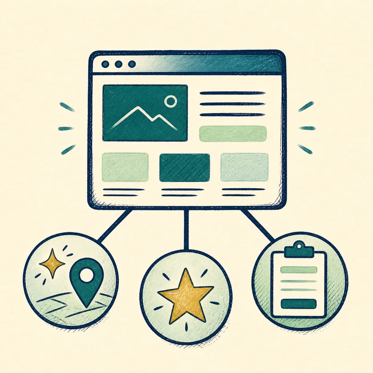 A hand-drawn website connected to search, reviews, and an enquiry form.
