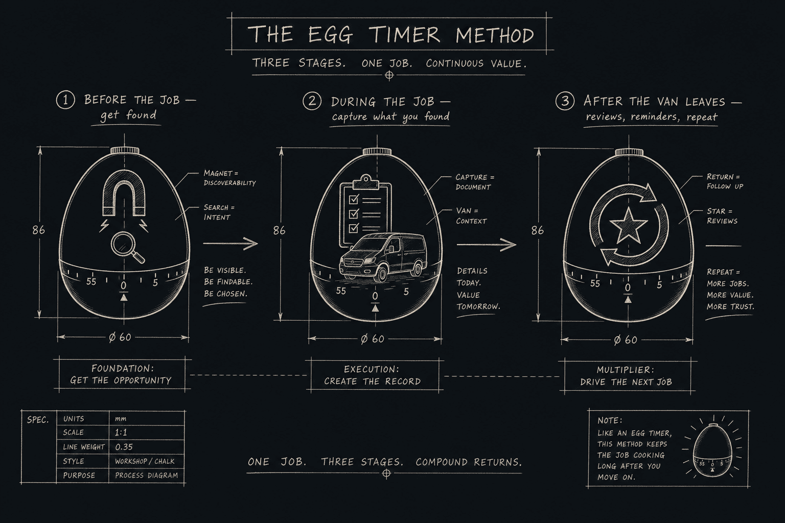 The Egg Timer Method drawn as three stages of one job: before the job, get found; during the job, capture what you found; after the van leaves, reviews, reminders and repeat work.