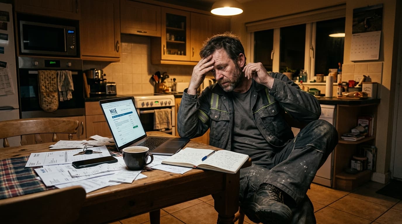 Tradesperson doing paperwork late at night — the problem a good website solves