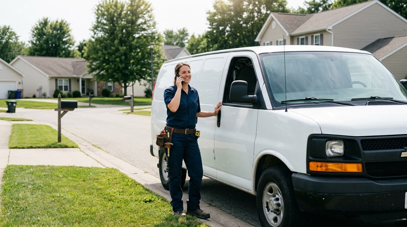 Happy tradesperson answering the phone next to their work van — the outcome a great website delivers