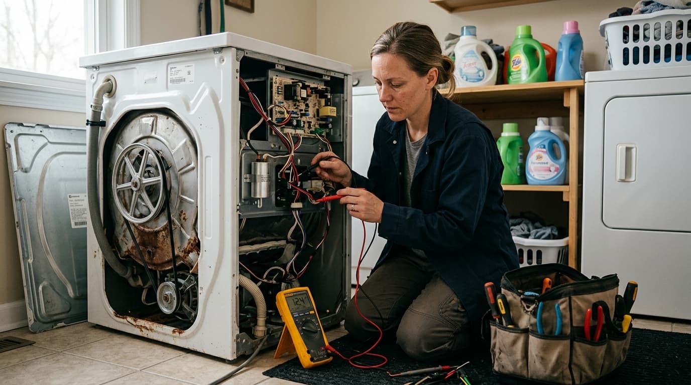 Professional appliance repair technician at work
