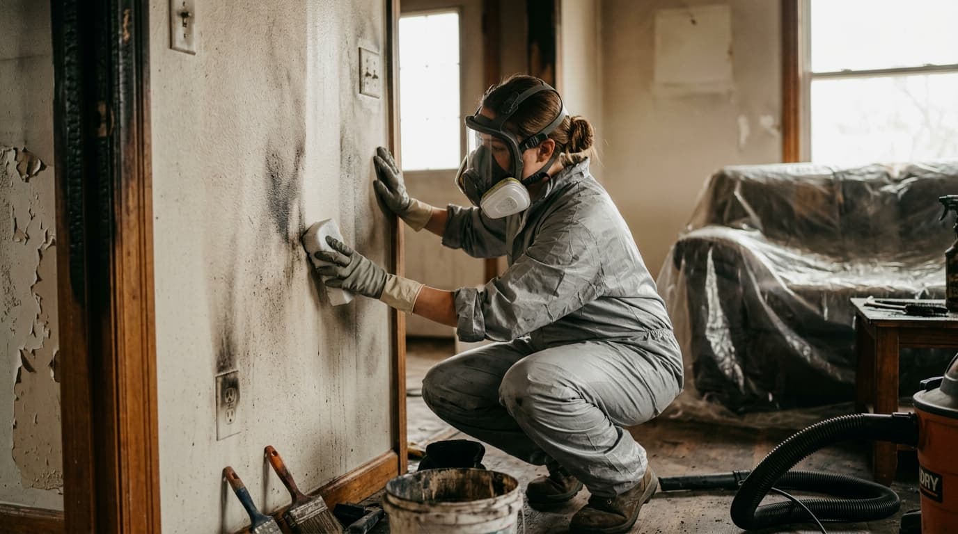 Professional fire damage restoration specialist at work