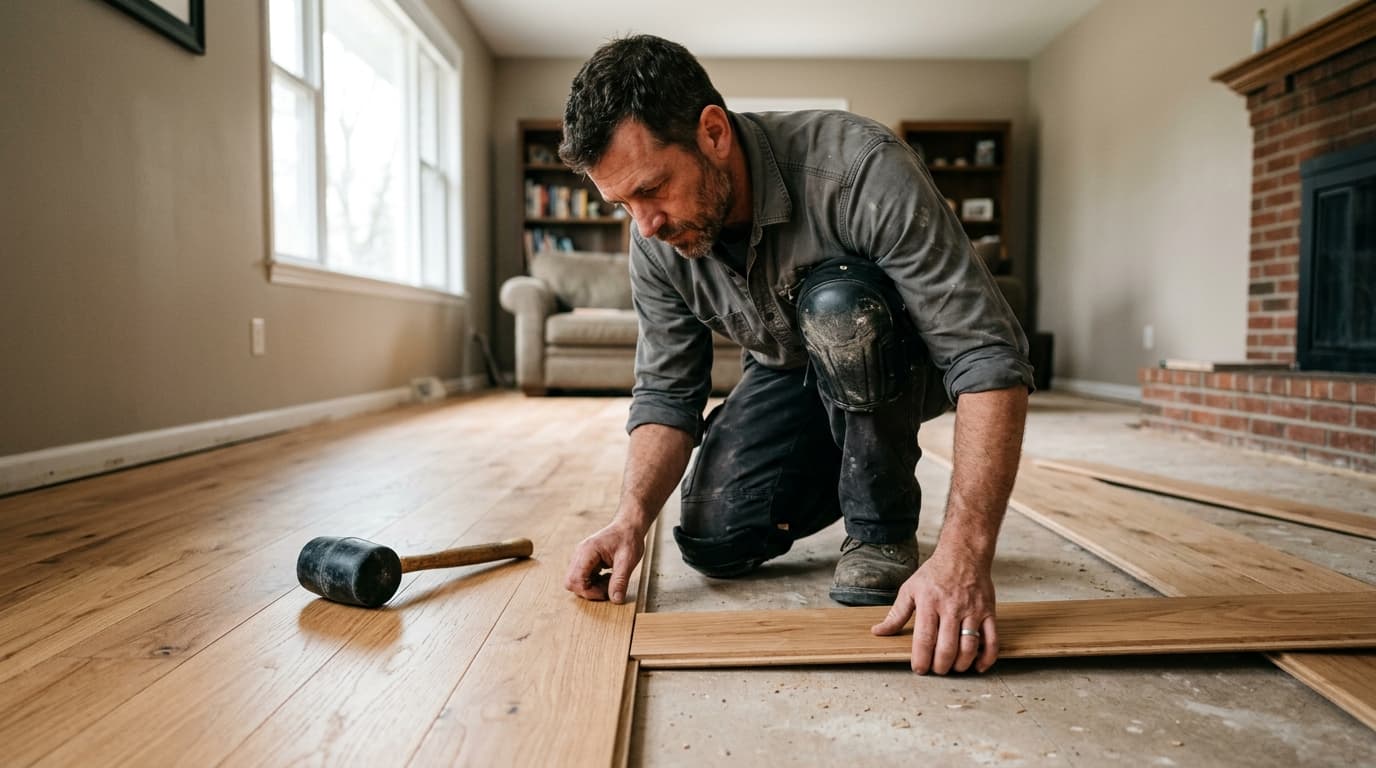 Professional flooring contractor at work