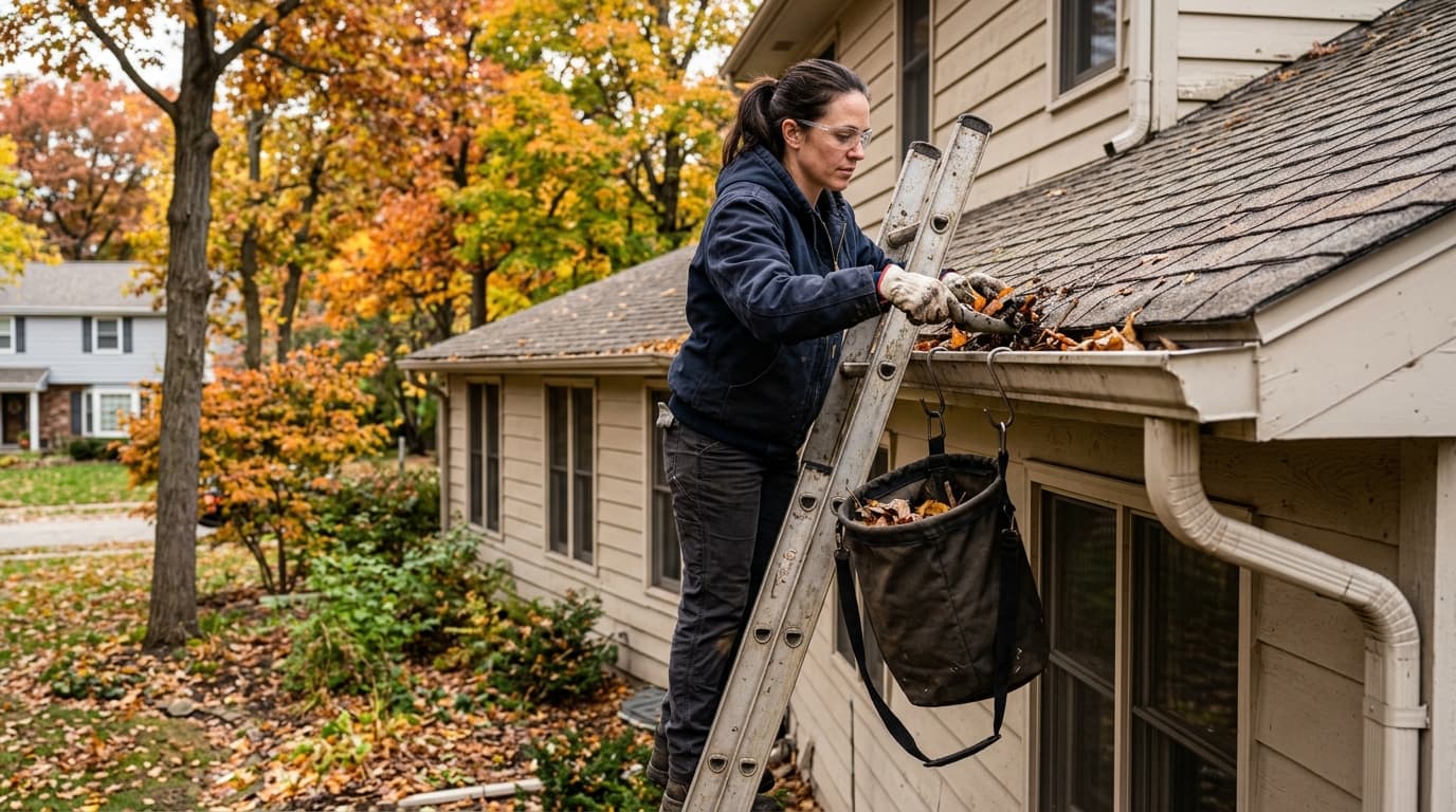 Professional gutter cleaning specialist at work